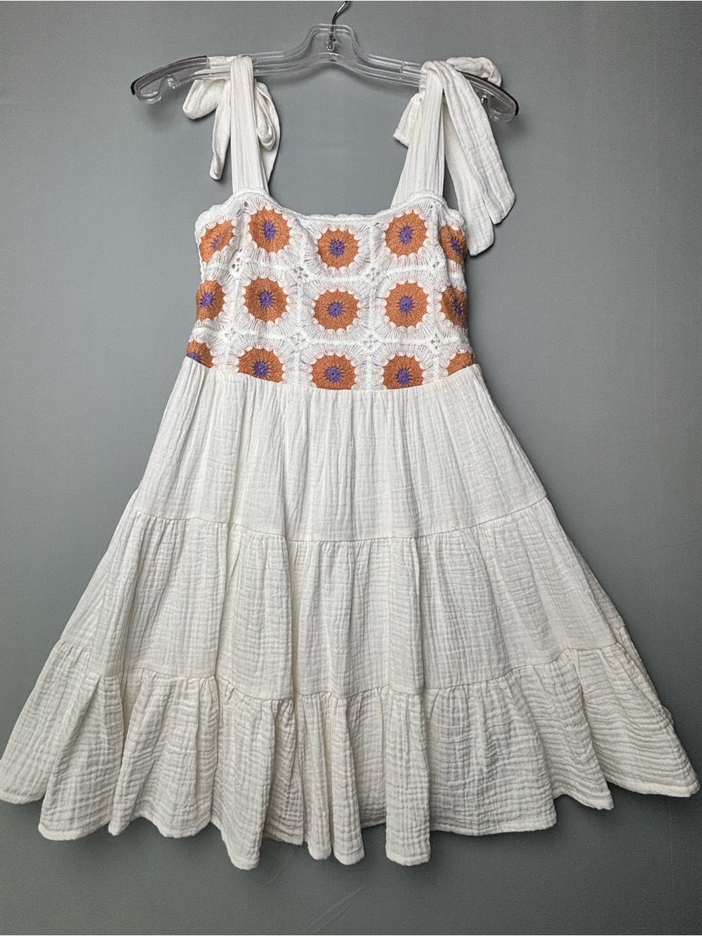 Hem & Thread Boho Crochet Tie Strap Tiered Cotton Mini Dress Size Small